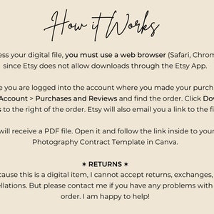 May include: Text-based instructions on how to access a digital file purchased on Etsy. The instructions explain how to download the file using a web browser and how to access the file through the Etsy app. The text also includes information about returns and cancellations.