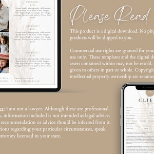 May include: A digital download for photographers, featuring three different package options for family photography sessions. The packages include details like session duration, image quantity, and editing services. The text "Please Read" is displayed in large, bold letters, highlighting the importance of reading the terms and conditions. A disclaimer is included, stating that the information provided is not legal advice.