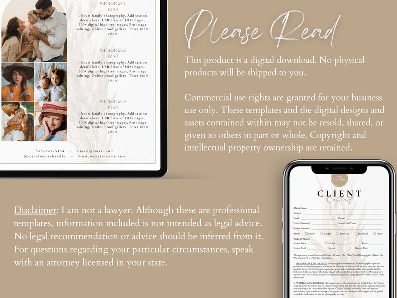 May include: A digital download for photographers, featuring three different package options for family photography sessions. The packages include details like session duration, image quantity, and editing services. The text "Please Read" is displayed in large, bold letters, highlighting the importance of reading the terms and conditions. A disclaimer is included, stating that the information provided is not legal advice.