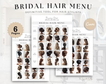 Bridal Hair Menu, Wedding Bridal Party Hairstyling Guide, Bride Salon Services, Freelance Hairstylist, Editable Hairdresser Template Canva