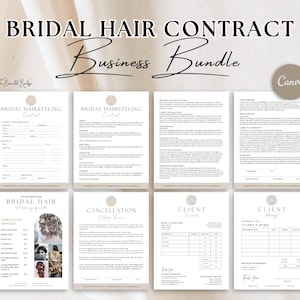 Op de afbeelding: Een printbare bruidshaarcontract-businessbundel in beige en wit. De bundel bevat een contract, een prijslijst, een annuleringsbeleid en klantfacturen. De tekst op de pagina luidt "Bridal Hair Contract Business Bundle".