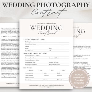 WEDDING PHOTOGRAPHY CONTRACT Template, Photography Forms, Wedding Photographer Contract, Photography Pricing Guide, Price List Invoice Canva