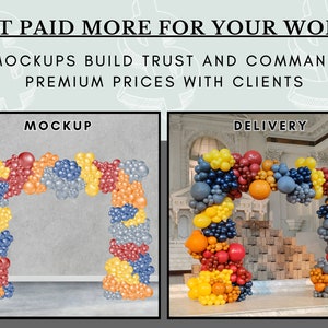 May include: Two images showing a balloon arch made of red, orange, yellow, blue, and gray balloons. The first image shows the arch in front of a gray wall, labeled "MOCKUP". The second image shows the arch in a room with a white wall and a wooden floor, labeled "DELIVERY".