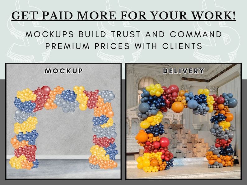 May include: Two images showing a balloon arch made of red, orange, yellow, blue, and gray balloons. The first image shows the arch in front of a gray wall, labeled "MOCKUP". The second image shows the arch in a room with a white wall and a wooden floor, labeled "DELIVERY".