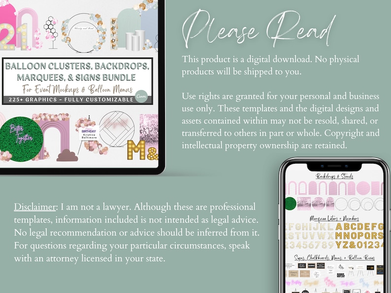 May include: A digital download bundle of 225 customizable graphics for event mockups and balloon menus. The graphics include balloon clusters, backdrops, marquees, and signs. The image shows a preview of some of the graphics, including a pink and gold balloon arch, a green circle with the text "Better Together", and a pink and gold marquee with the text "Birthday Celebration".