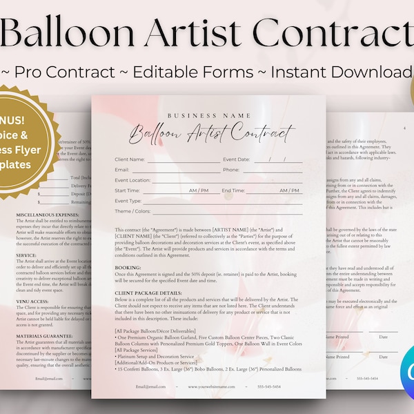 BALLOON CONTRACT, Editable Balloon Decor Contract, Balloon Invoice, Balloon Artist Contract Template, Balloon Stylist Garland Agreement