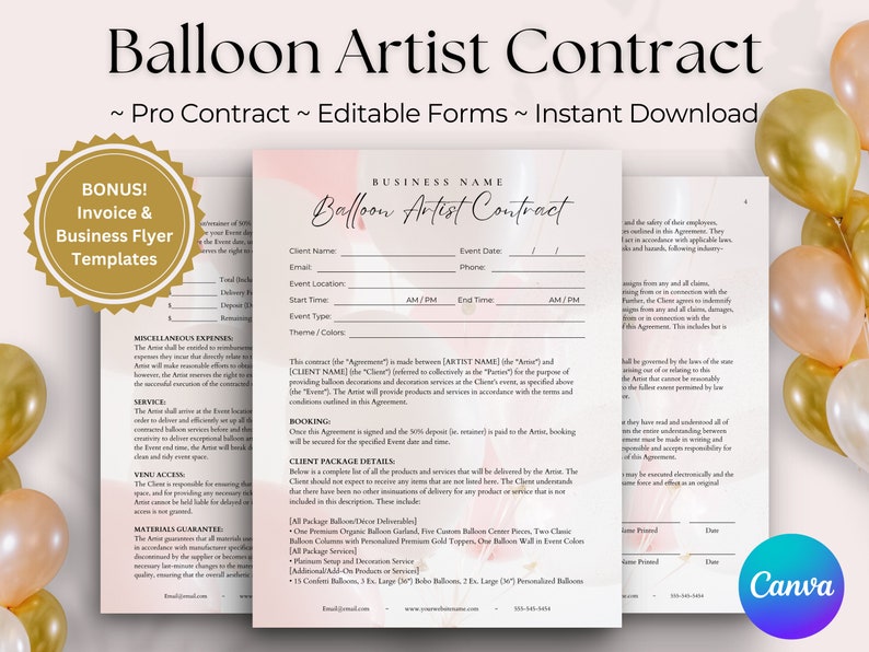 May include: A pink and white balloon artist contract template with the text "Balloon Artist Contract" in a bold, black font. The contract includes sections for client information, event details, service details, and a client package details section. The contract also includes a bonus invoice and business flyer template.