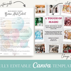 May include: A customizable Canva template for a balloon artist contract. The template features a pink and white color scheme with a photo collage of balloon arrangements. The text "A Touch of Magic" is featured in a pink box. The text "Your Business Name" is featured below the pink box. The text "Where balloon artistry brings your events to life" is featured below the business name. The text "Transform your special occasion with exquisite balloon designs. We will turn your vision into a dazzling reality." is featured below the previous text. The text "Contact Us Today!" is featured below the previous text. The text "1555 545-5454" is featured below the previous text. The text "Email@email.com" is featured below the previous text.