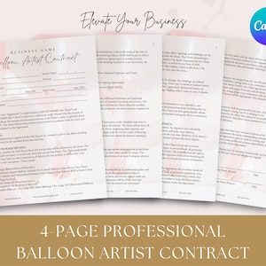 May include: A four-page professional balloon artist contract template featuring a pink and white floral design. The contract includes sections for client information, event details, booking, client package details, and policy.