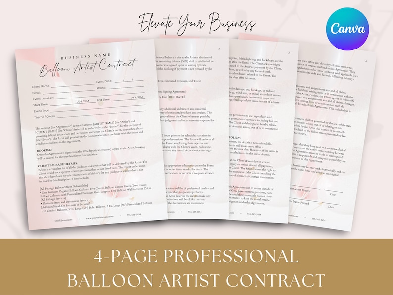 May include: A four-page professional balloon artist contract template featuring a pink and white floral design. The contract includes sections for client information, event details, booking, client package details, and policy.