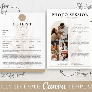May include: Editable Canva template for a photo session client contract. The template features a beige and brown color scheme with a decorative plant motif. The contract includes sections for client information, shoot details, package pricing, performance of services, payment and booking, and a signature line.