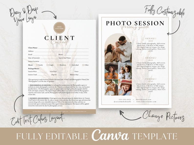 May include: Editable Canva template for a photo session client contract. The template features a beige and brown color scheme with a decorative plant motif. The contract includes sections for client information, shoot details, package pricing, performance of services, payment and booking, and a signature line.