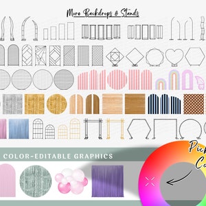 May include: A collection of black and white line drawings of backdrops and stands for photography and events. The image includes arches, circles, squares, hexagons, and other shapes. The text "More Backdrops & Stands" and "COLOR-EDITABLE GRAPHICS" is visible at the top of the image. The text "Pick Any Color" is visible at the bottom of the image with a rainbow color wheel.