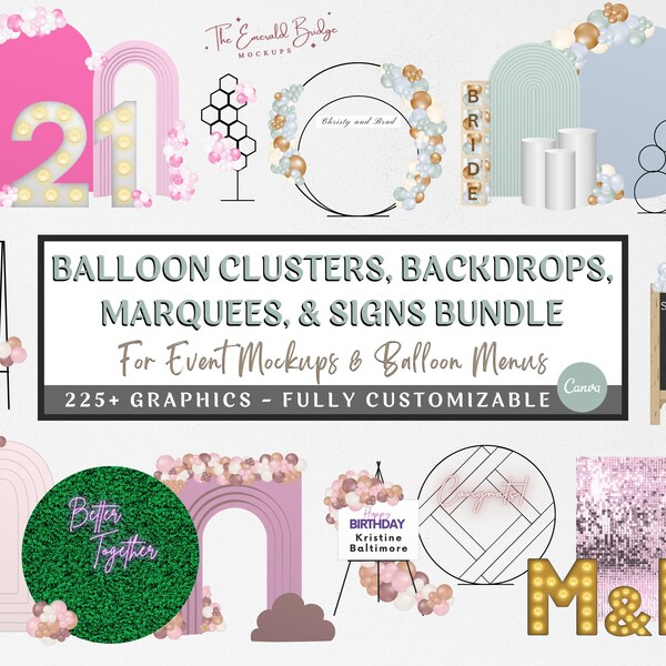 EVENT MOCKUP BUNDLE, Balloon Menu & Balloon Mockup Elements, Event Decor, Editable Balloon Garland, for Price List, Balloon Artist, Canva