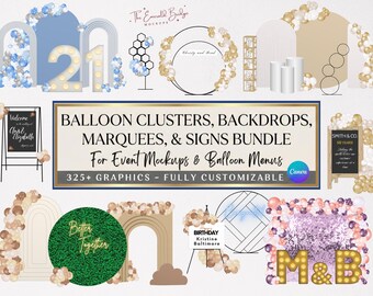 BALLOON EVENT MOCKUP Bundle, Balloon Menu & Balloon Mockup Elements, Event Decor, Editable Garlands and Backdrops, Digital Canva Template