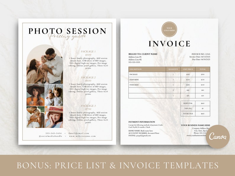 May include: A beige and brown printable invoice template with a floral design. The invoice includes sections for billing information, description, quantity, unit price, total, payment information, and business information. The text "INVOICE" is in a bold, black font.
