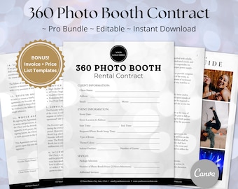 360 PHOTO BOOTH CONTRACT Template Bundle, Photo Booth Contract, Video Booth Rental Agreement Terms & Conditions, Price List, Invoice, Canva