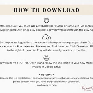 May include: A cream-colored digital download guide with the title "HOW TO DOWNLOAD" in bold, black text. The guide provides instructions for downloading files after purchase, including using a web browser and accessing the files through Etsy.