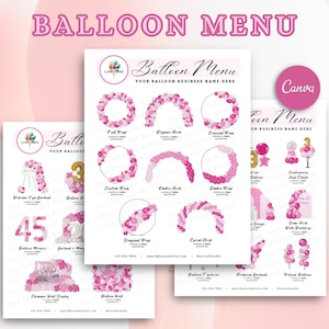 BALLON-MENÜ, Ballon-Mockup-Vorlage, bearbeitbare Ballon-Preisliste, Ballon-Dekor-Business, Ballon-Künstler, Event-Dekor, Modepuppe, Canva