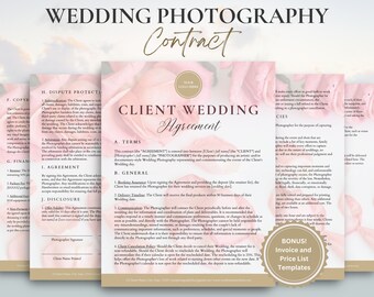 May include: A pink and white wedding photography contract agreement with the text "Client Wedding Agreement" in a large, bold font. The contract includes sections for terms, general information, agreement, dispute protection, disclosure, and a bonus section for invoice and price list templates.