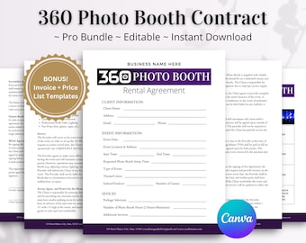 360 PHOTO BOOTH CONTRACT Template Bundle, Photo Booth Contract, Video Booth Rental Agreement Terms & Conditions, Price List, Invoice, Canva