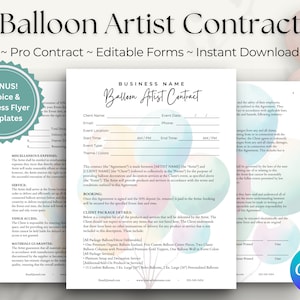 May include: A printable contract template for balloon artists. The contract includes sections for client information, event details, services, and payment. The document is designed to be easily customized and downloaded.