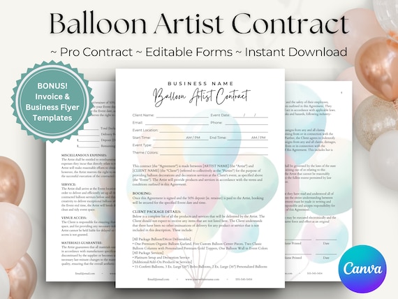 BALLOON CONTRACT, Editable Balloon Decor Contract, Balloon Invoice, Balloon Artist Contract Template, Balloon Stylist Garland Agreement