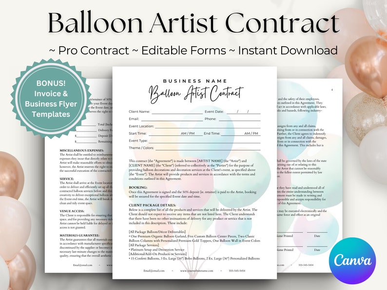 May include: A printable contract template for balloon artists. The contract includes sections for client information, event details, services, and payment. The document is designed to be easily customized and downloaded.