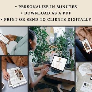May include: A collage of images showing how to personalize a client photo session guide on a phone, laptop, and tablet. The guide includes a client questionnaire, a photo session checklist, and a photo session agreement. The text on the guide says "PERSONALIZE IN MINUTES", "DOWNLOAD AS A PDF", and "PRINT OR SEND TO CLIENTS DIGITALLY".