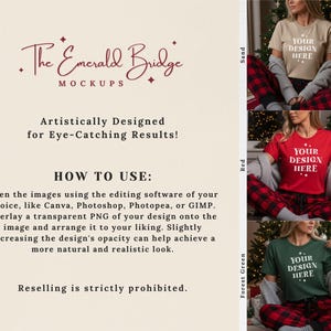 May include: The image showcases three t-shirt mockups in sand, red, and forest green. Each shirt displays "YOUR DESIGN HERE" text. The image also includes text about using editing software like Canva and Photoshop to overlay designs. The Emerald Bridge Mockups logo is visible.