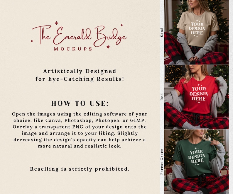 May include: The image showcases three t-shirt mockups in sand, red, and forest green. Each shirt displays "YOUR DESIGN HERE" text. The image also includes text about using editing software like Canva and Photoshop to overlay designs. The Emerald Bridge Mockups logo is visible.