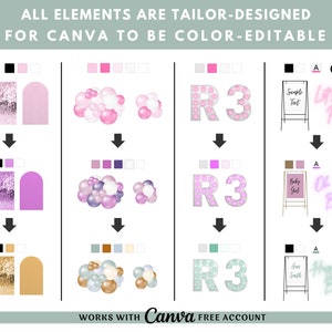 May include: A digital design template for Canva featuring a variety of elements, including a glitter backdrop, a balloon arch, a sign with the text "Let's Party", and a sign with the text "Happy Birthday". The elements are color-editable and can be customized to match any theme.