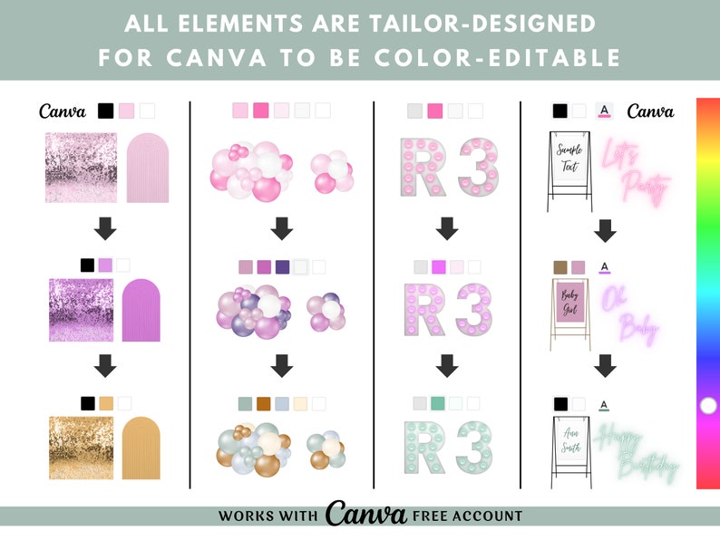 May include: A digital design template for Canva featuring a variety of elements, including a glitter backdrop, a balloon arch, a sign with the text "Let's Party", and a sign with the text "Happy Birthday". The elements are color-editable and can be customized to match any theme.