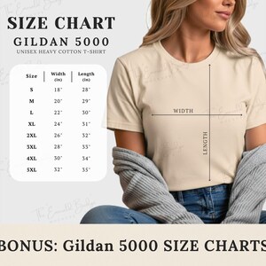 May include: A beige Gildan 5000 unisex heavy cotton t-shirt with a size chart. The chart lists sizes S to 5XL, with corresponding width and length measurements in inches. The text "SIZE CHART" is at the top.