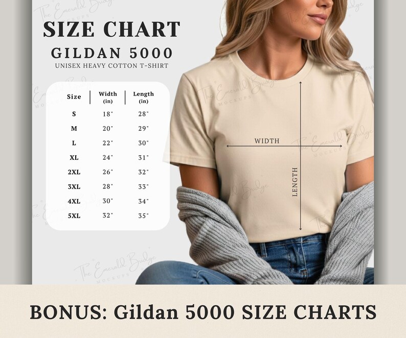 May include: A beige Gildan 5000 unisex heavy cotton t-shirt with a size chart. The chart lists sizes S to 5XL, with corresponding width and length measurements in inches. The text "SIZE CHART" is at the top.