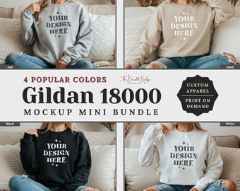 Pacote Mini Mockup Gildan 18000, Mockup de Moletom G180 Crewneck, Gildan Sand, Ash, Preto, Branco, Pacote Mock Up Gildan 18000 Oversized POD