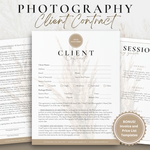 Boho Photography Contract Template, Photography Forms, Photographer Client Contract, Client Agreement, Client Invoice, Pricing Guide, CANVA
