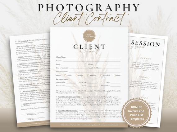 Boho Photography Contract Template, Photography Forms, Photographer Client Contract, Client Agreement, Client Invoice, Pricing Guide, CANVA