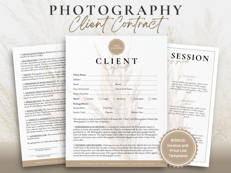May include: A photography client contract template with a beige and brown color scheme. The contract includes sections for client information, session details, pricing, and payment terms. The document also includes a session guide with package options and pricing.