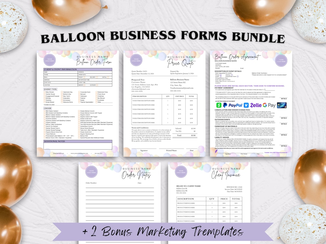 BALLOON ORDER FORM Template Bundle Balloon Invoice Event Etsy
