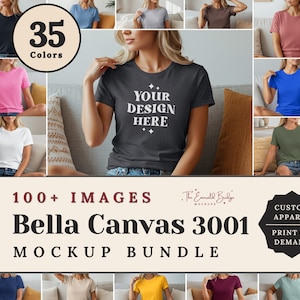 May include: A mockup bundle showcasing Bella Canvas 3001 t-shirts in 35 colours. The image displays a variety of t-shirt colours, such as black, pink, white, and blue. The text "YOUR DESIGN HERE" is visible on a dark grey t-shirt. The bundle includes over 100 images for custom apparel.
