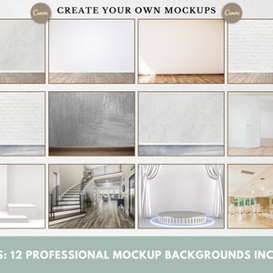 May include: Twelve mockup backgrounds for product photography. The backgrounds include a variety of textures and styles, such as brick, wood, and concrete. There are also backgrounds with a more modern aesthetic, such as a white room with a staircase and a white room with a stage.