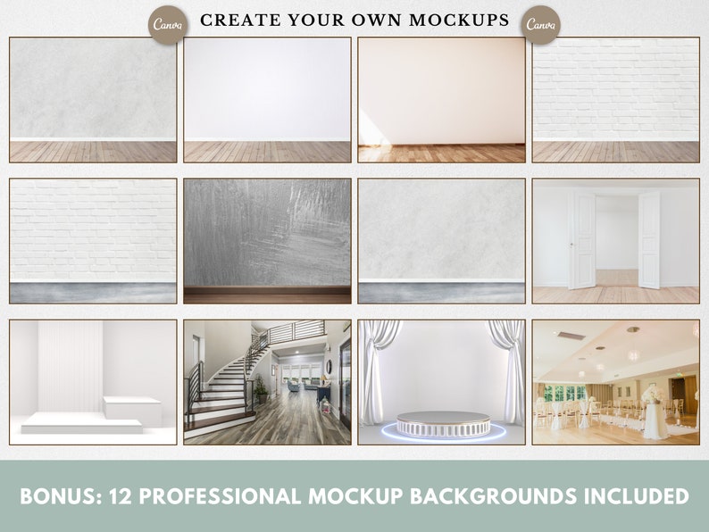 May include: Twelve mockup backgrounds for product photography. The backgrounds include a variety of textures and styles, such as brick, wood, and concrete. There are also backgrounds with a more modern aesthetic, such as a white room with a staircase and a white room with a stage.