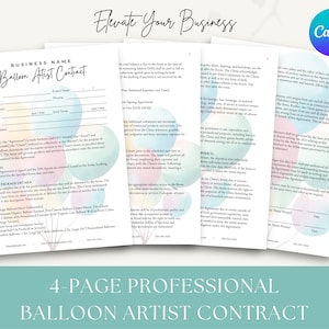 May include: A four-page professional balloon artist contract template with a watercolor background featuring balloons in shades of blue, pink, and yellow. The contract includes sections for business name, client information, event details, booking, client package details, policy, and signatures.
