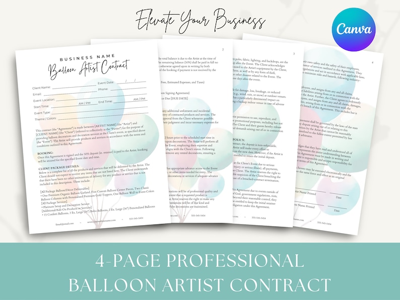 May include: A four-page professional balloon artist contract template with a watercolor background featuring balloons in shades of blue, pink, and yellow. The contract includes sections for business name, client information, event details, booking, client package details, policy, and signatures.