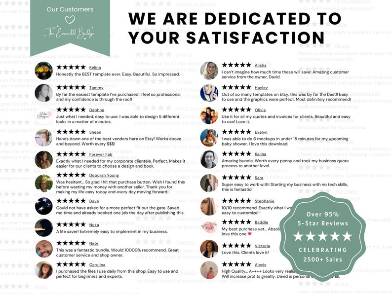 May include: A green circle with white text that reads "Over 95% 5-Star Reviews" and a smaller green circle with white text that reads "Celebrating 2500+ Sales". The background is a collage of customer reviews with five-star ratings and positive comments about the products.