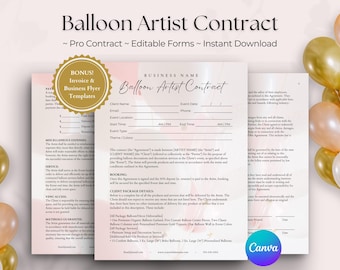 Pode incluir: Um modelo digital de contrato para artista de balões com o texto Balloon Artist Contract, Pro Contract, Editable Forms, Instant Download e Bonus Invoice & Business Flyer Templates. O documento inclui campos para detalhes do cliente.