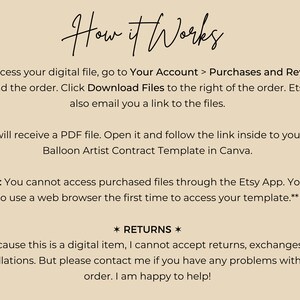 May include: Text-based instructions on how to access a digital file purchased on Etsy. The instructions explain how to download the file from your Etsy account and how to access the file using a web browser. The text also includes a note about returns and exchanges.