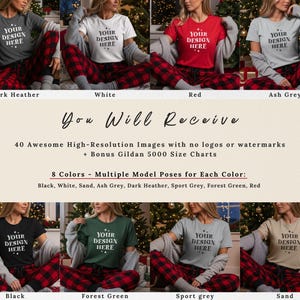 May include: A product mockup featuring eight t-shirt colors: dark heather, white, red, ash grey, black, forest green, sport grey, and sand. Each shirt has the text "YOUR DESIGN HERE" printed on it. The shirts are paired with red and black plaid pajama pants.