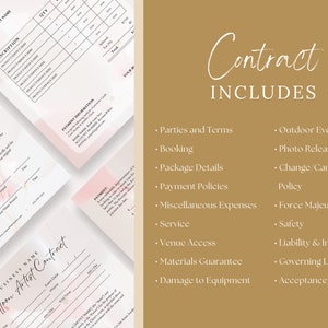 May include: A contract template for balloon artists, with a pink and gold watercolour background. The contract includes sections for parties and terms, booking, package details, payment policies, miscellaneous expenses, service, venue access, materials guarantee, damage to equipment, outdoor events, photo release, change/cancellation policy, force majeure, safety, liability and indemnity, governing law, and acceptance/signatures.